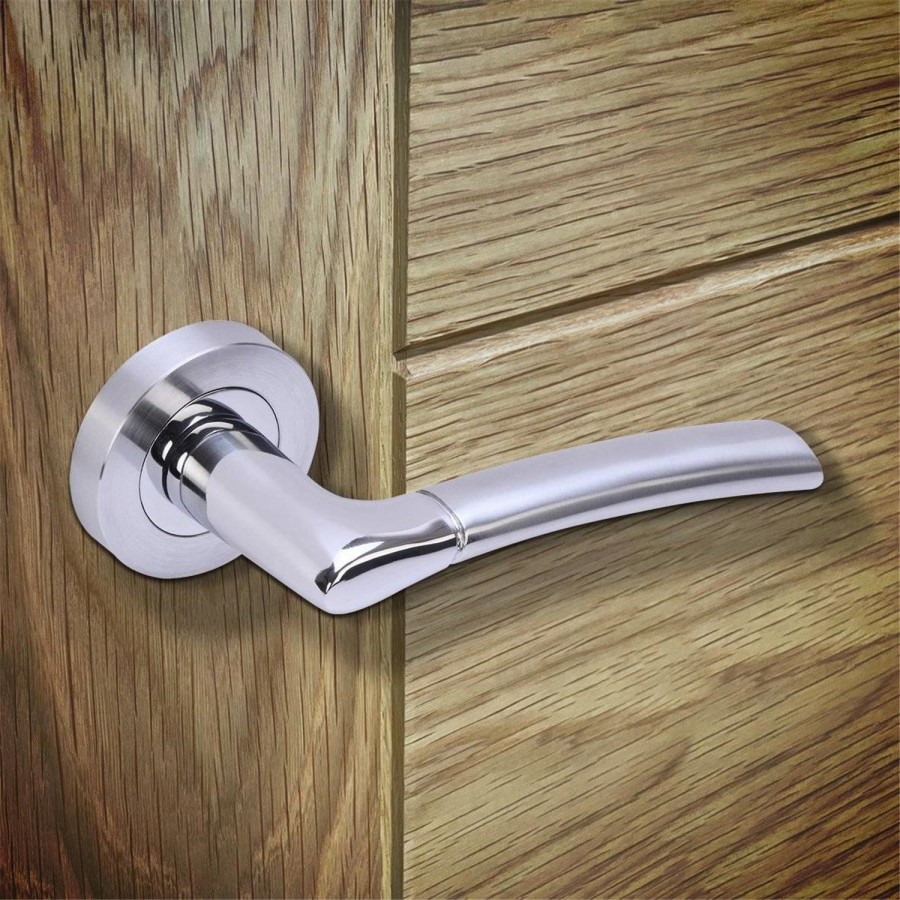 Internal Silver Polished/Satin Chrome Bathroom Lever Door Handle with Lock, Latch and Hinges Pack - 75mm Latch - Drava - XL Joinery