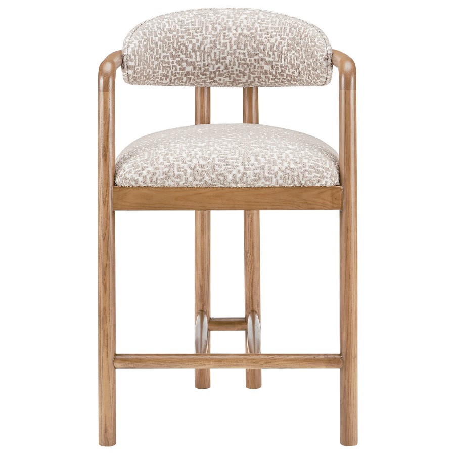 Set of 3 Beige Printed Upholstered Kitchen Stools with Solid Wood Exposed Back - Darla
