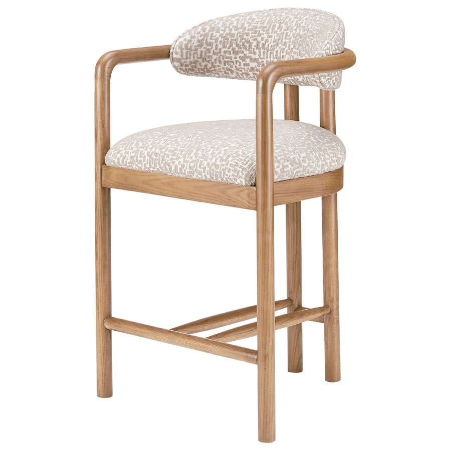 Set of 3 Beige Printed Upholstered Kitchen Stools with Solid Wood Exposed Back - Darla
