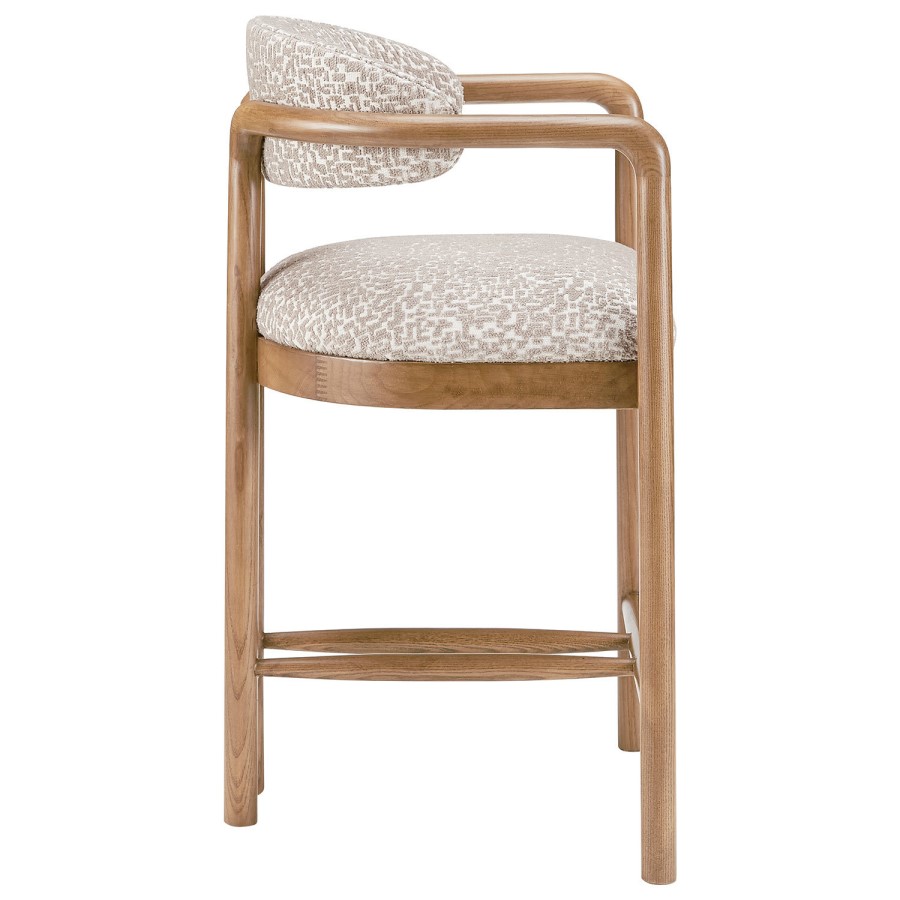 Set of 3 Beige Printed Upholstered Kitchen Stools with Solid Wood Exposed Back - Darla