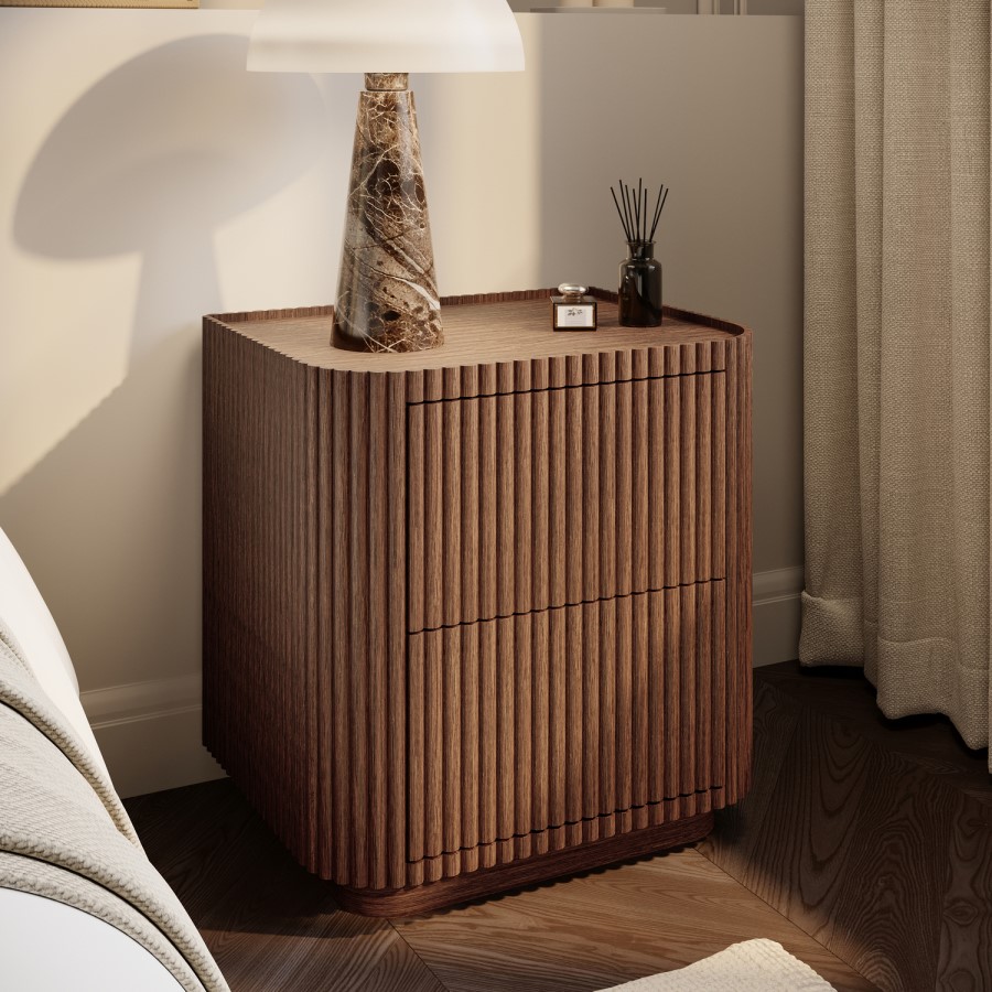 Walnut Ribbed 2 Drawer Bedside Table - Fully Assembled - Drew