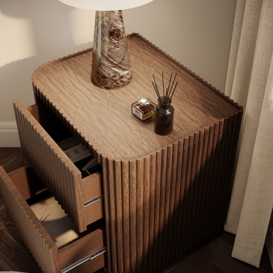 Walnut Ribbed 2 Drawer Bedside Table - Fully Assembled - Drew