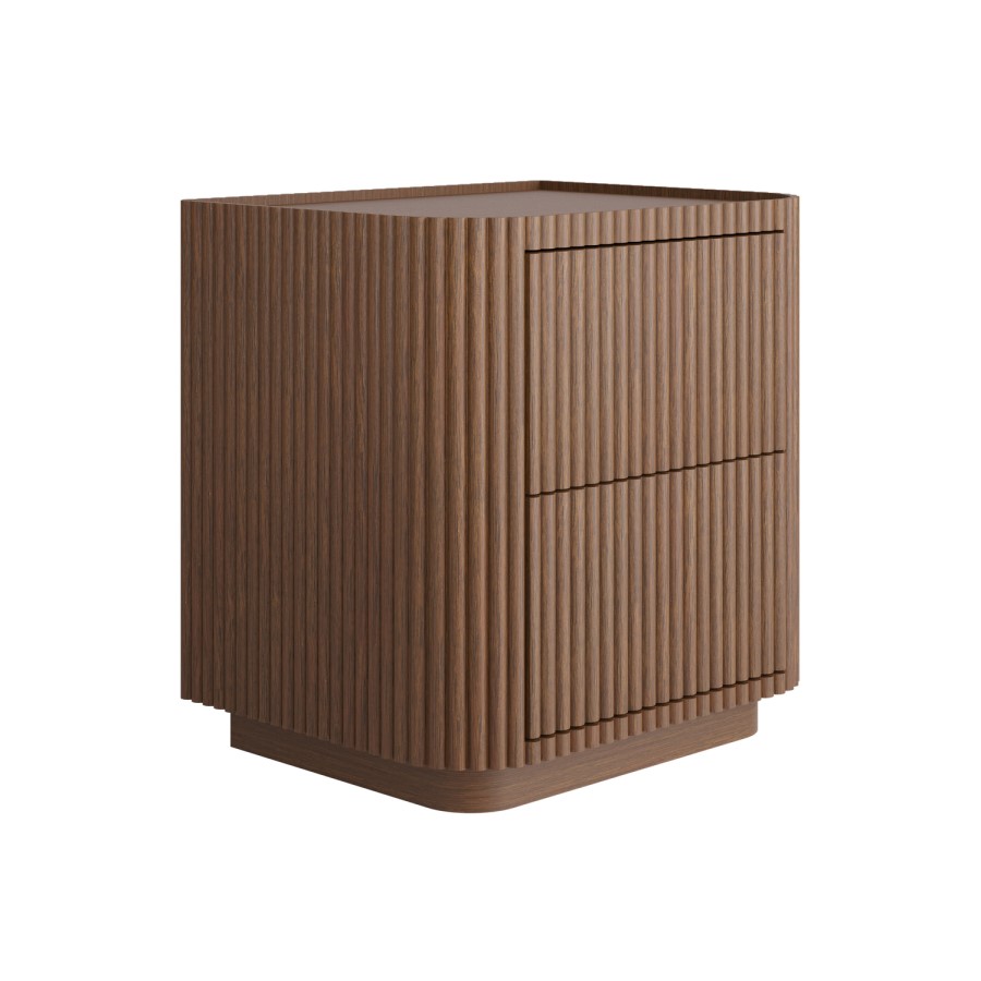 Walnut Ribbed 2 Drawer Bedside Table - Fully Assembled - Drew