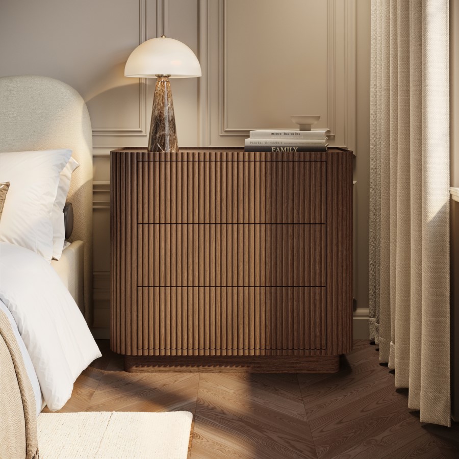 Walnut Ribbed 3 Drawer Chest of Drawers - Fully Assembled - Drew