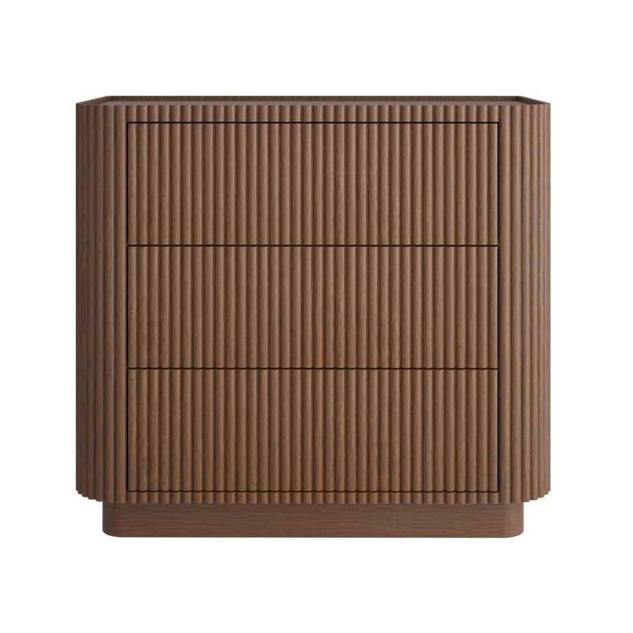 Walnut Ribbed 3 Drawer Chest of Drawers - Fully Assembled - Drew