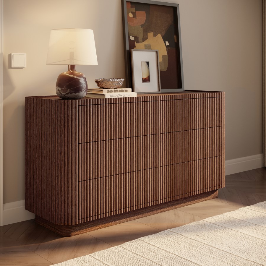 Wide Walnut Ribbed 6 Drawer Chest of Drawers - Fully Assembled - Drew