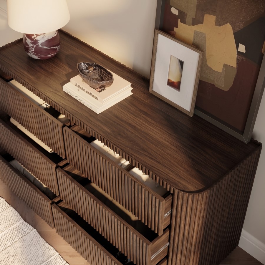 Walnut Ribbed 6 Drawer Large Chest of Drawers - Fully Assembled - Drew