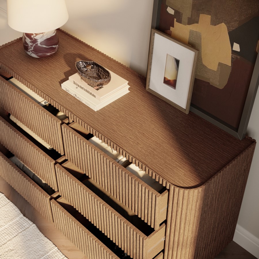 Wide Walnut Ribbed 6 Drawer Chest of Drawers - Fully Assembled - Drew