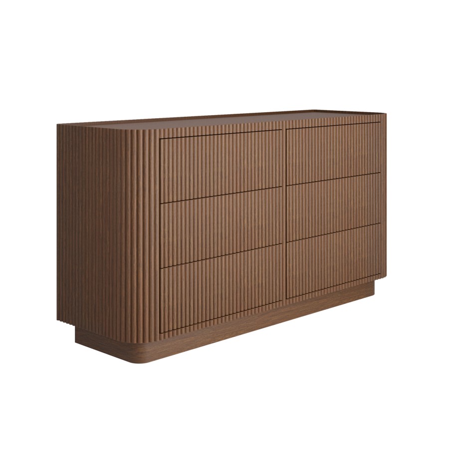 Wide Walnut Ribbed 6 Drawer Chest of Drawers - Fully Assembled - Drew