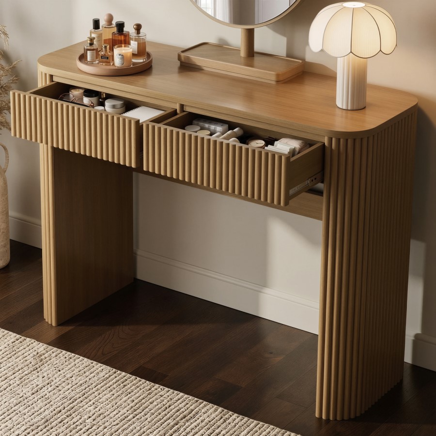 Natural Oak Ribbed Dressing Table with Drawers and Mirror - Drew