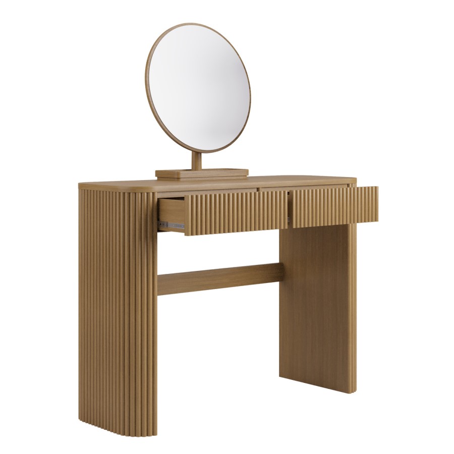 Natural Oak Ribbed Dressing Table with Drawers and Mirror - Drew