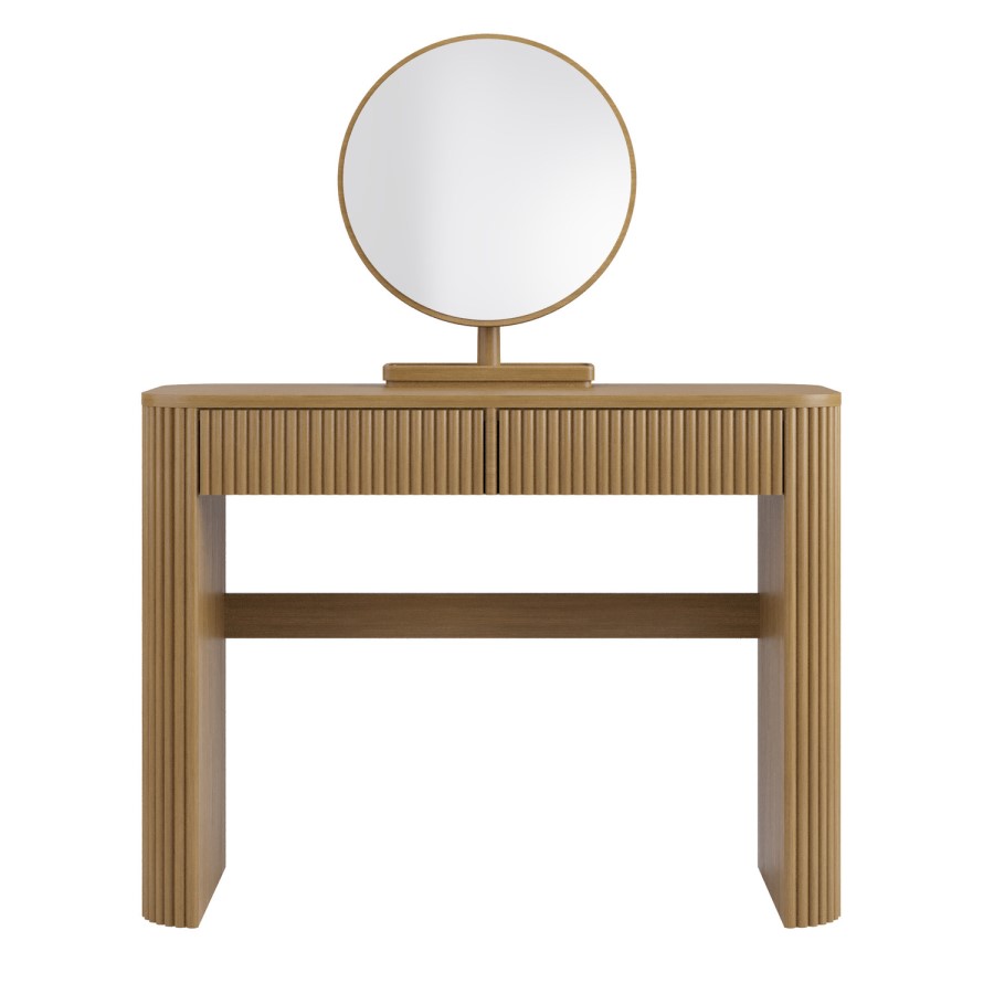 Natural Oak Ribbed Dressing Table with Drawers and Mirror - Drew