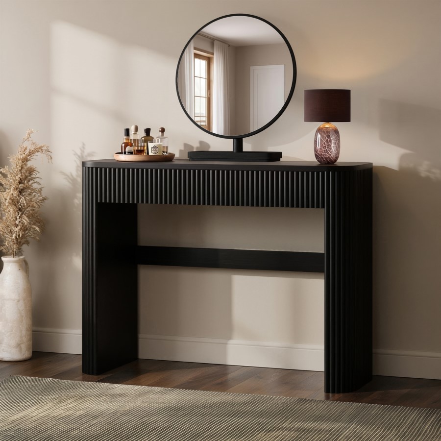 Black Ribbed Dressing Table with Drawers and Mirror - Drew