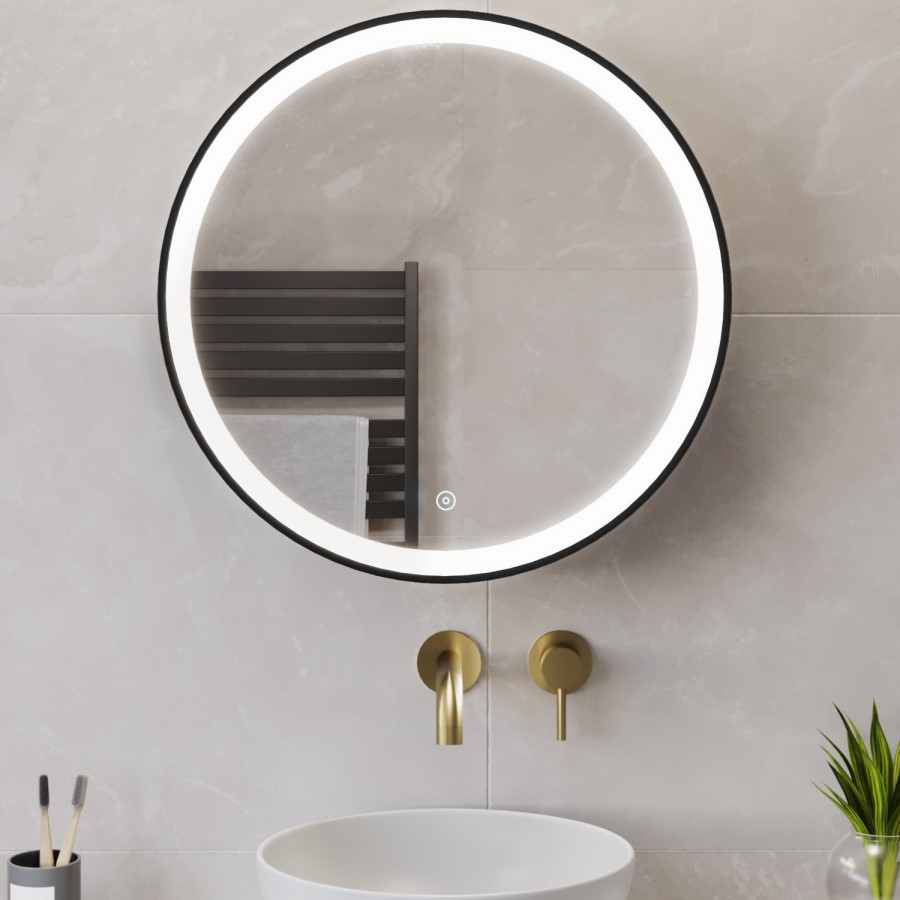 Black Sliding Bathroom Mirror Cabinet with Lights 600 x 600mm - Elara