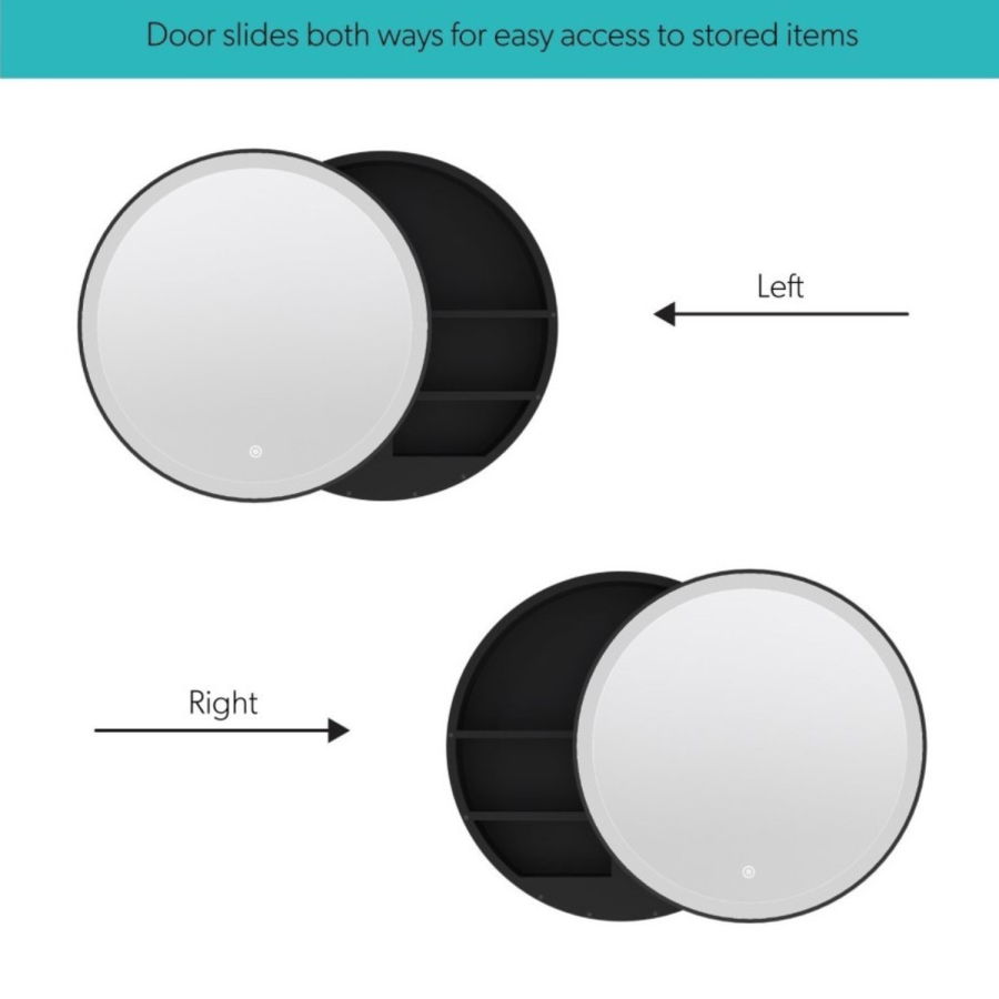 Black Sliding Bathroom Mirror Cabinet with Lights 600 x 600mm - Elara
