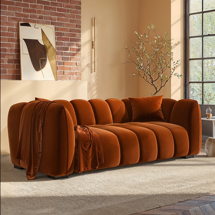 Burnt Orange Velvet 3 Seater Sofa - Elod