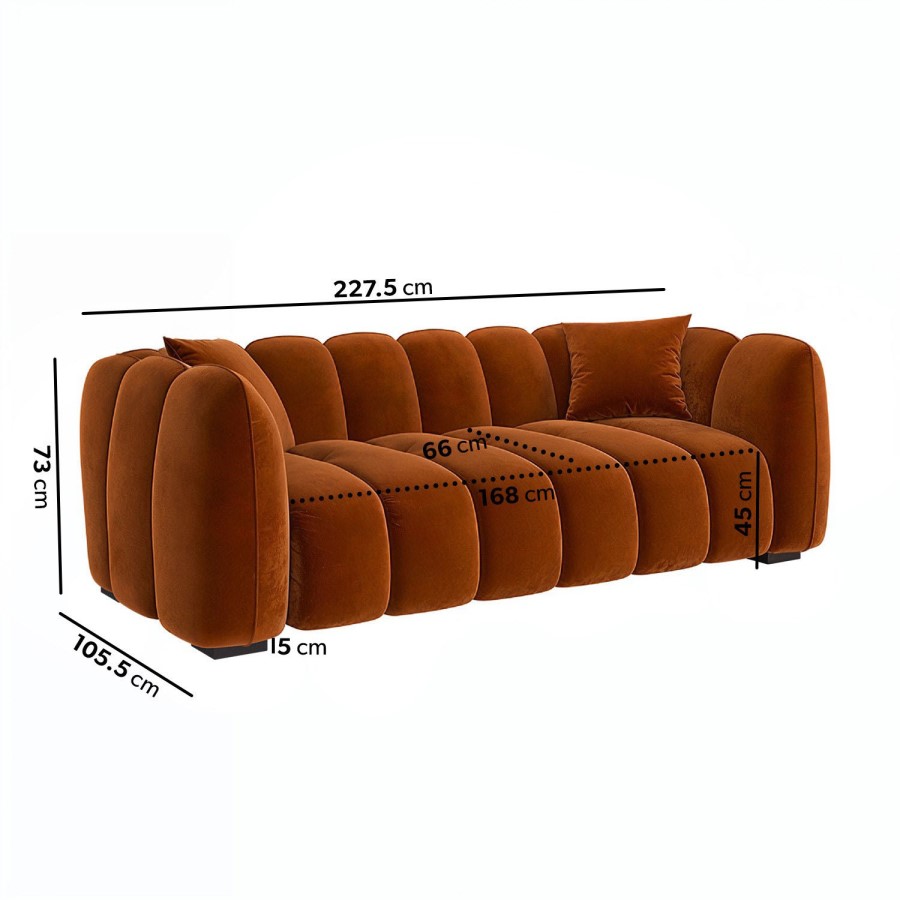 Burnt Orange Velvet 3 Seater Sofa - Elod