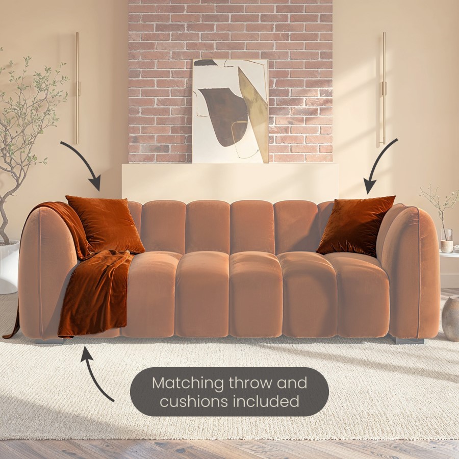 Burnt Orange Velvet 3 Seater Sofa - Elod