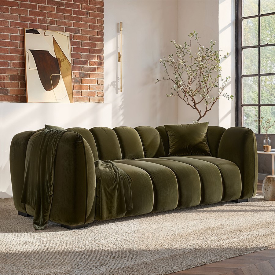 Khaki Green Velvet 3 Seater Sofa - Elod