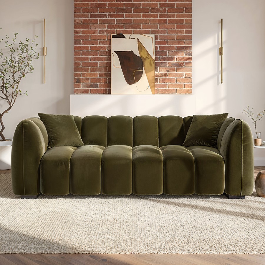 Khaki Green Velvet 3 Seater Sofa - Elod