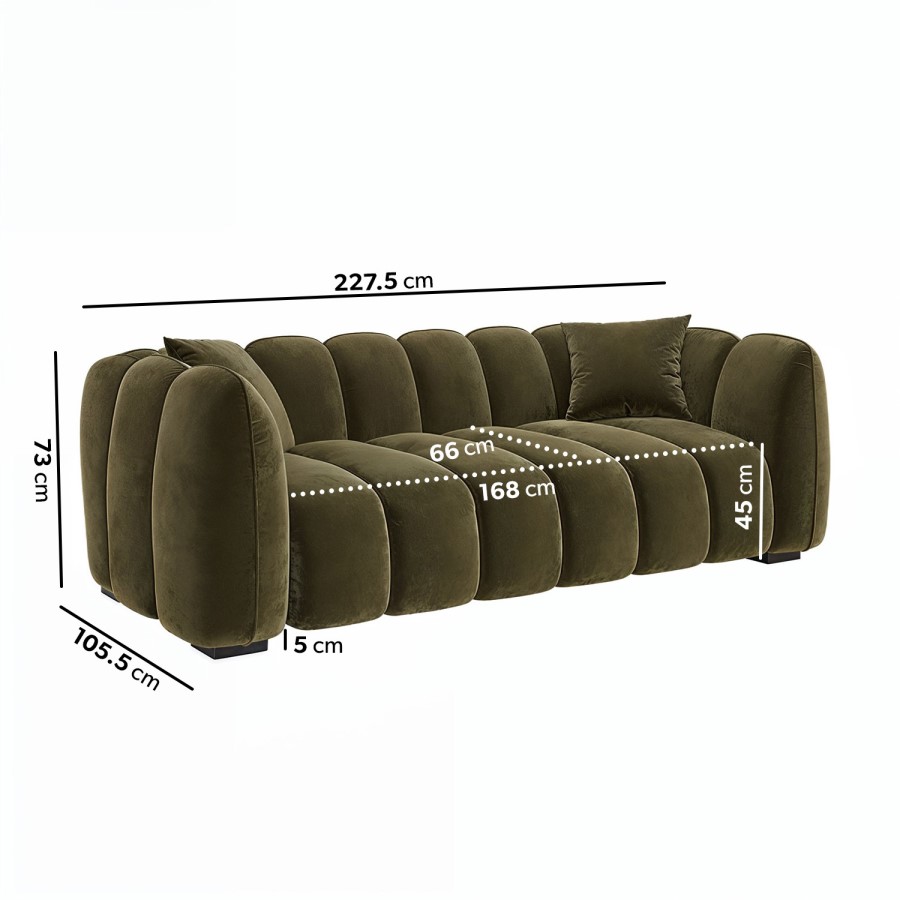 Khaki Green Velvet 3 Seater Sofa - Elod