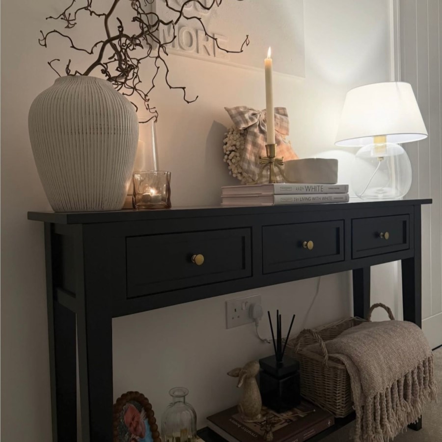 Large Narrow Console Table in Black Wood with Drawers - Elms