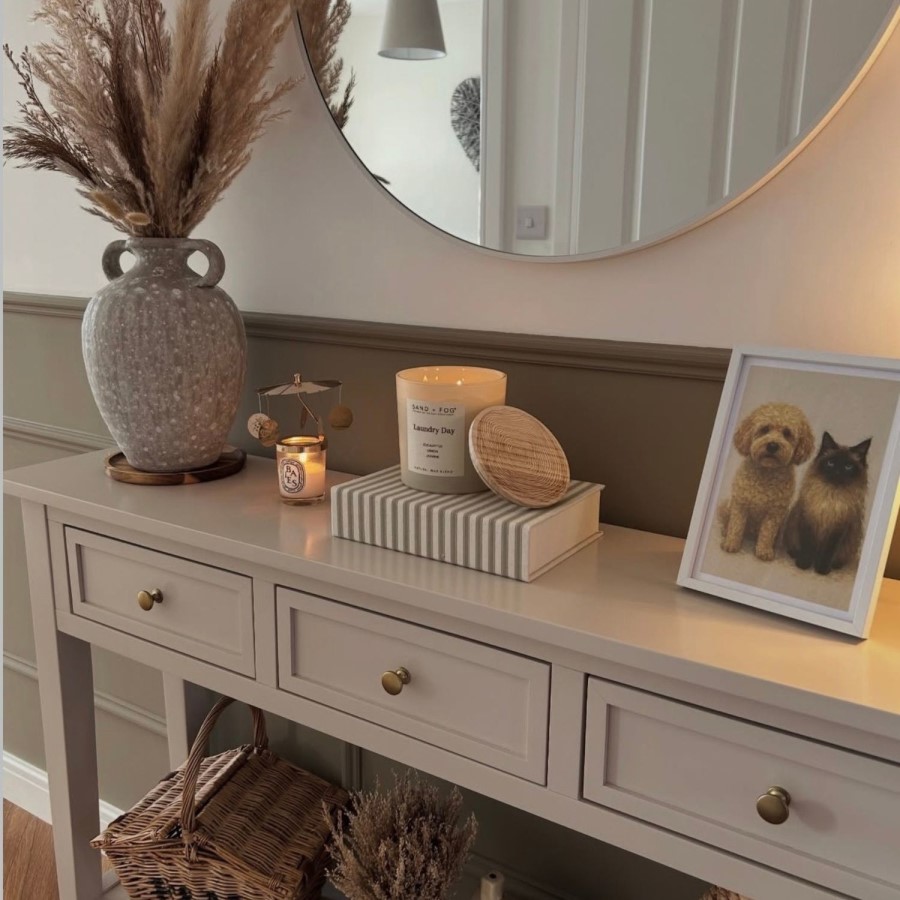Large Narrow Taupe Wood Console Table with Drawers - Elms
