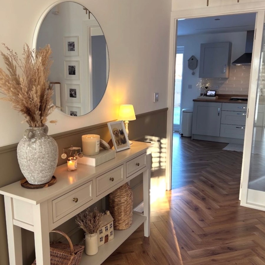 Large Narrow Taupe Wood Console Table with Drawers - Elms