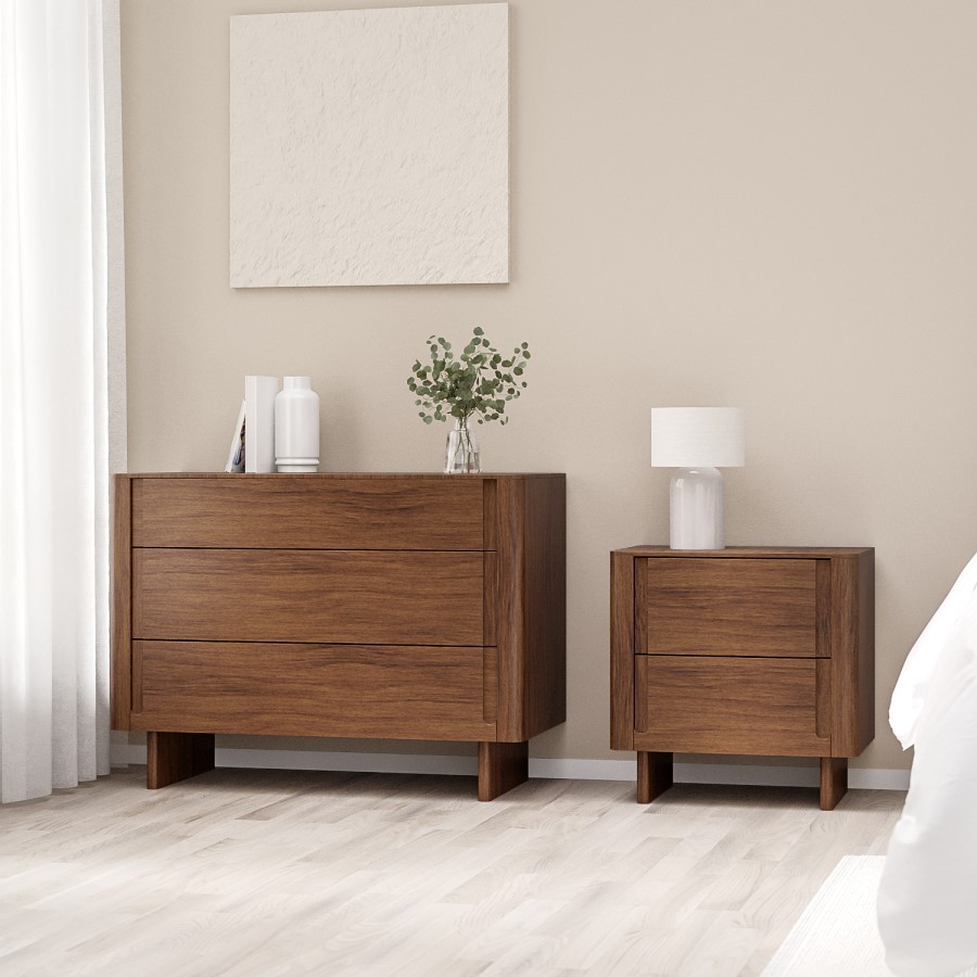 Dark Wood Mid Century 2 Drawer Bedside Table - Emile Sustainable Furniture