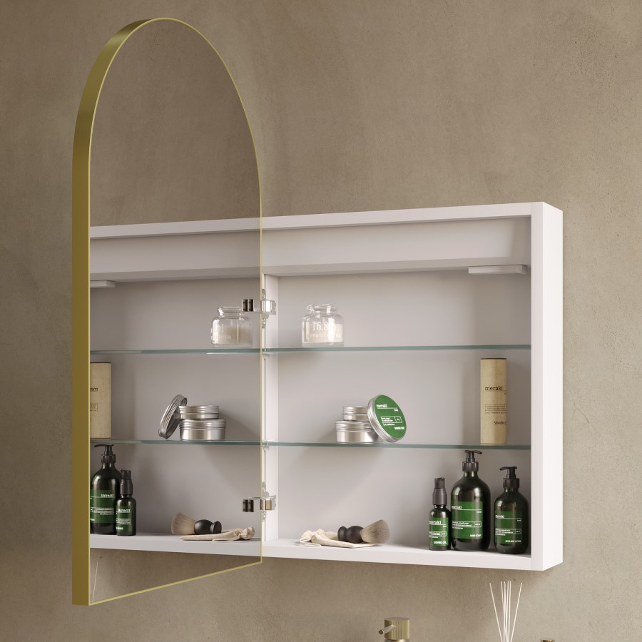 Single Door Brass Bathroom Mirror Cabinet with Lights Demister & Shaver Socket 500 x 800mm - Empire