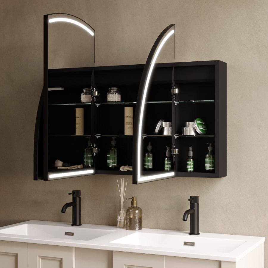 Triple Door Black Bathroom Mirror Cabinet with Lights Demister & Shaver Socket 1200 x 690mm - Empire