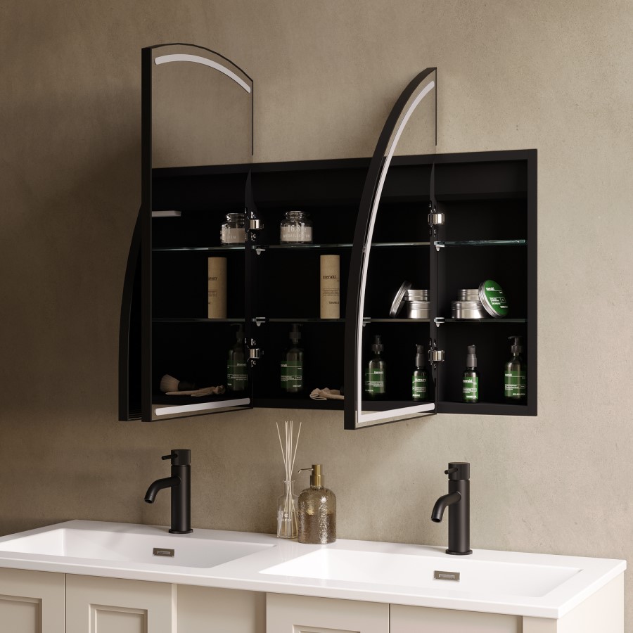 Triple Door Black Bathroom Mirror Cabinet with Lights Demister & Shaver Socket 1200 x 690mm - Empire