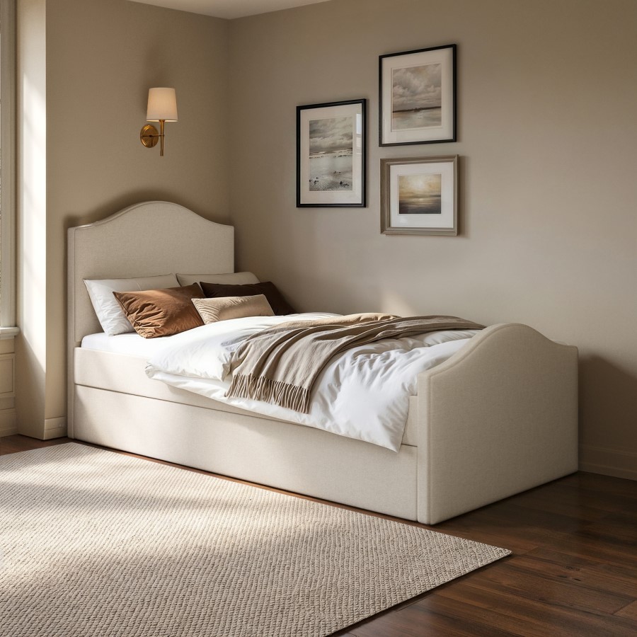 Cream Upholstered Single Guest Bed with Trundle and 1 Mattress - Elsie