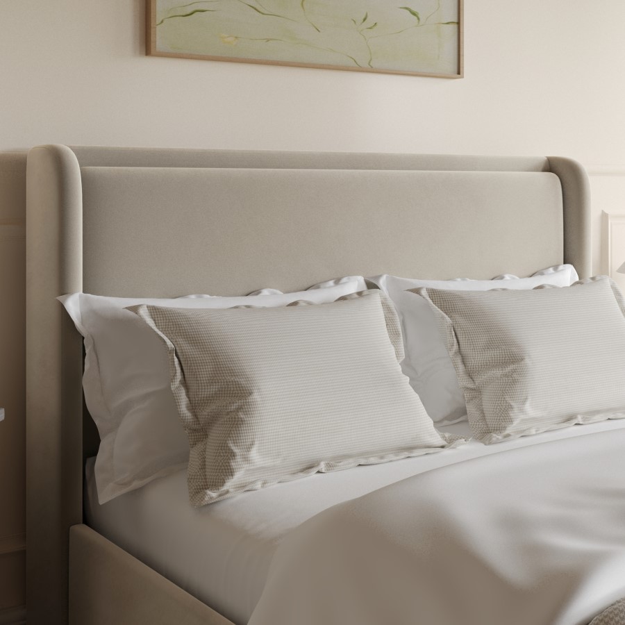 Beige Velvet king Size Ottoman Bed with Cushioned Headboard - Frida