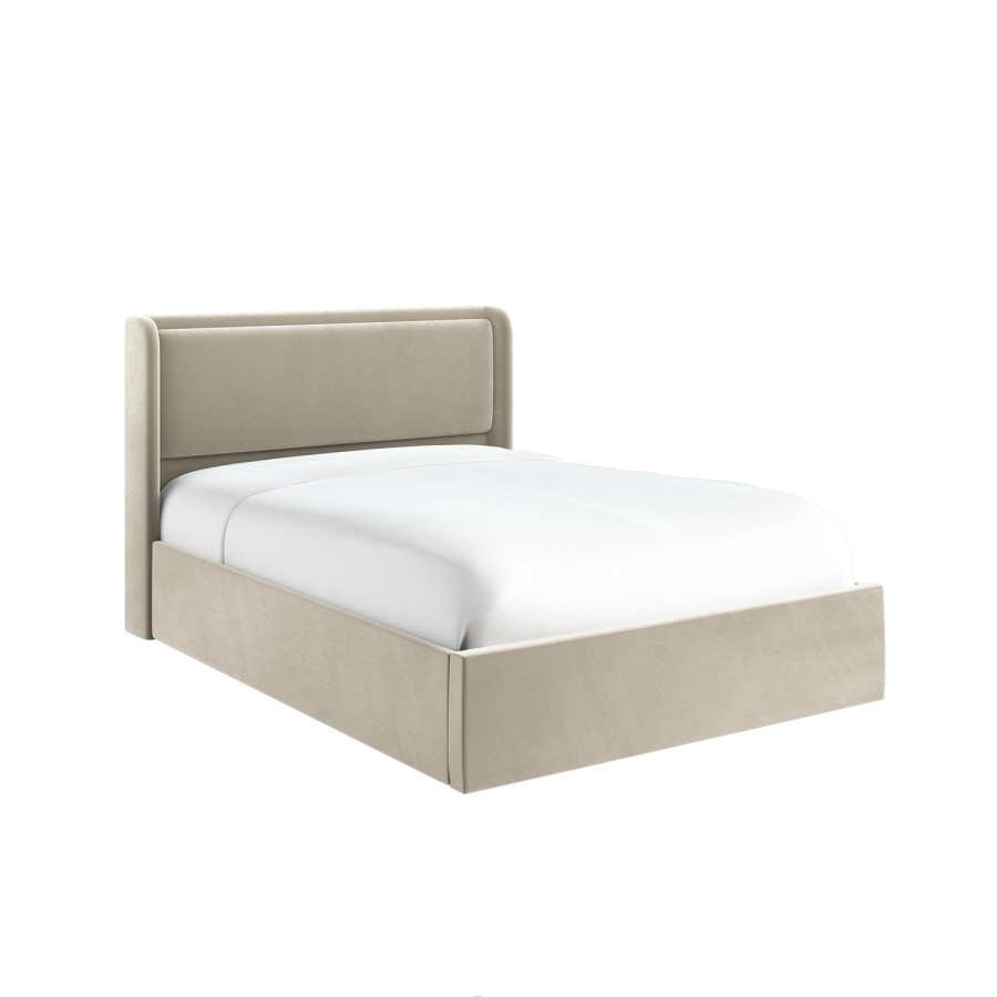 Beige Velvet king Size Ottoman Bed with Cushioned Headboard - Frida