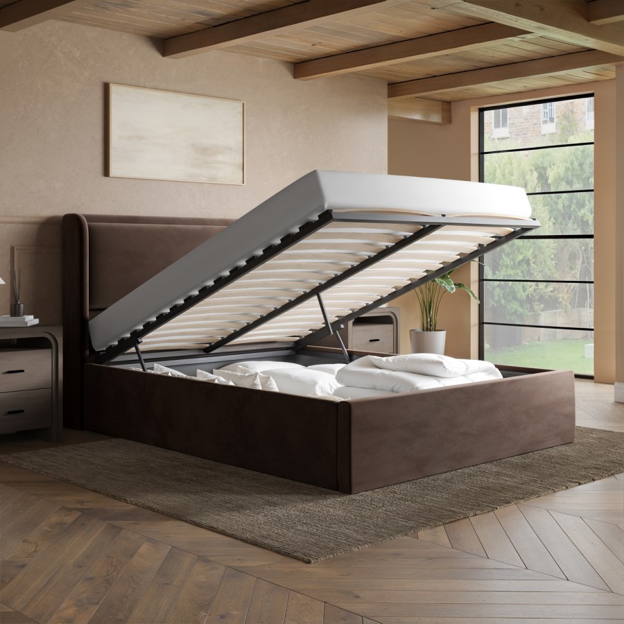 Chocolate Brown Velvet King Size Ottoman Bed with Cushioned Headboard - Frida