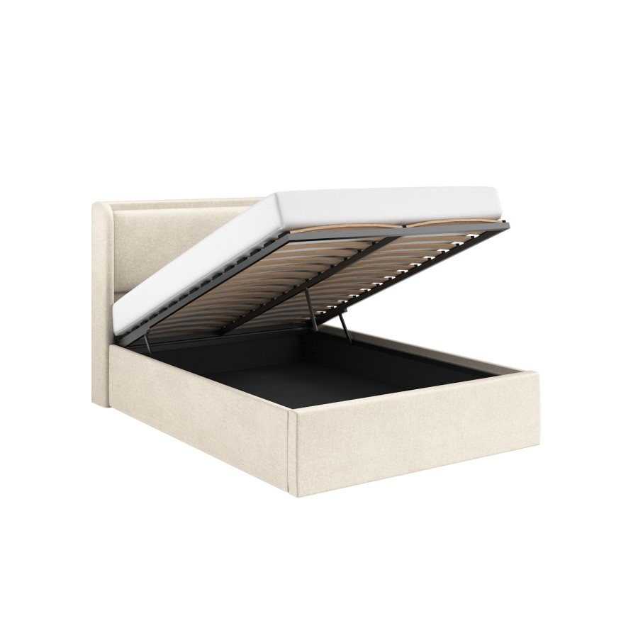 Cream Upholstered Double Ottoman Bed with Cushioned Headboard - Frida
