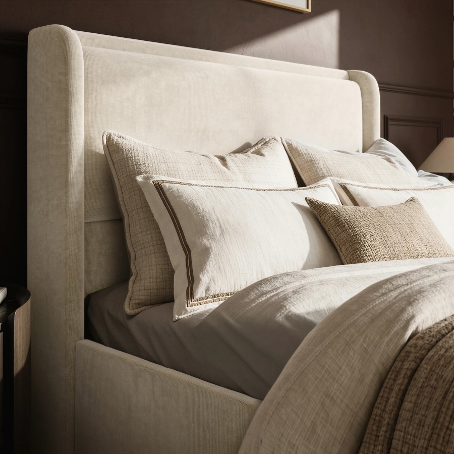 Cream Upholstered Double Ottoman Bed with Cushioned Headboard - Frida