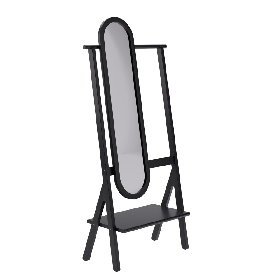 Black Freestanding Full-Length Mirror with Hanging Rail and Shelf - Figo 