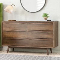 Wide Walnut Mid-Century 6 Drawer Chest of Drawers with Legs - Frances