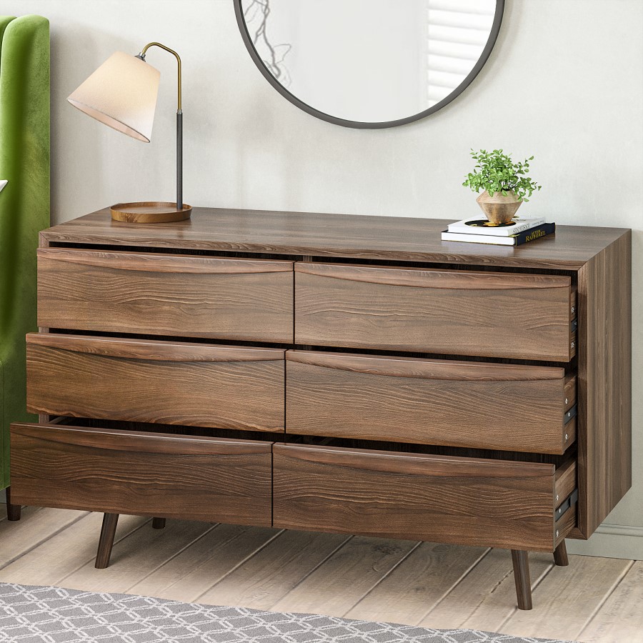 Wide Walnut Mid-Century 6 Drawer Chest of Drawers with Legs - Frances