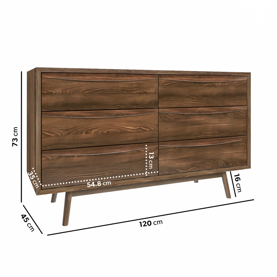 Wide Walnut Mid-Century 6 Drawer Chest of Drawers with Legs - Frances