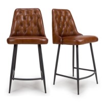 IMPERFECT - Set Of 2 Real Leather Tan Kitchen Stools with Quilted Back - Jaxson