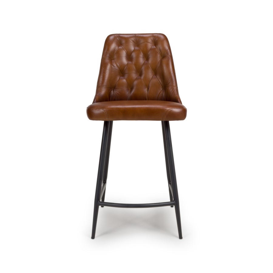 IMPERFECT - Set Of 2 Real Leather Tan Kitchen Stools with Quilted Back - Jaxson