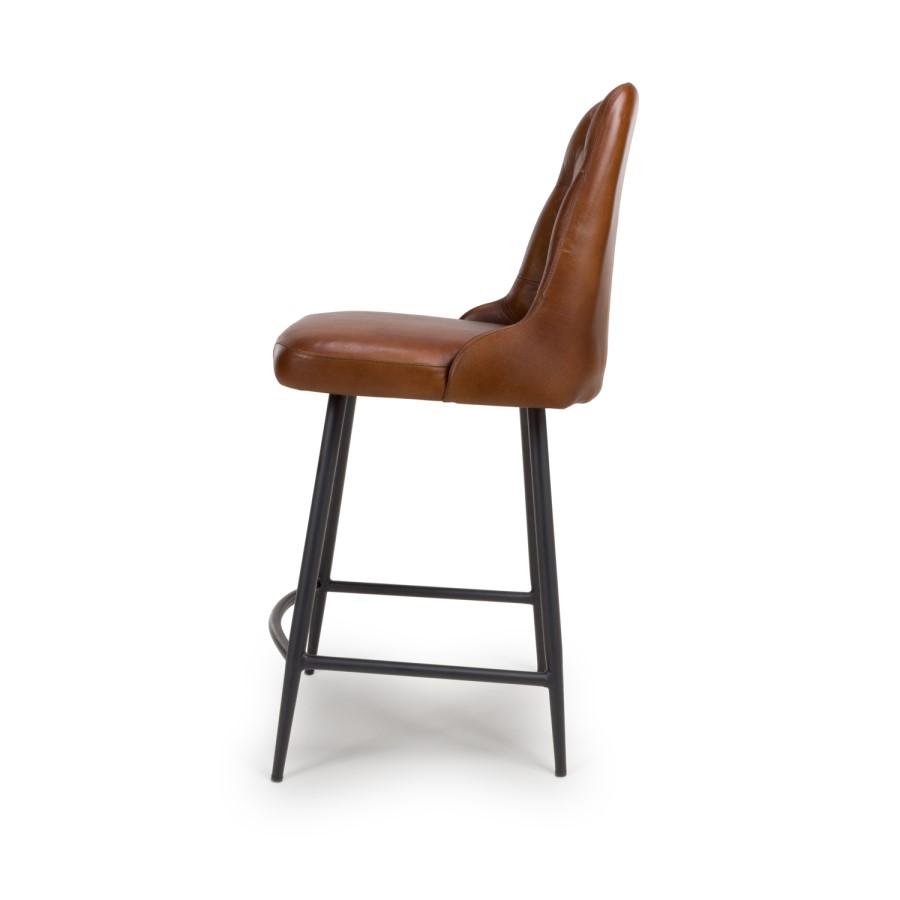 IMPERFECT - Set Of 2 Real Leather Tan Kitchen Stools with Quilted Back - Jaxson