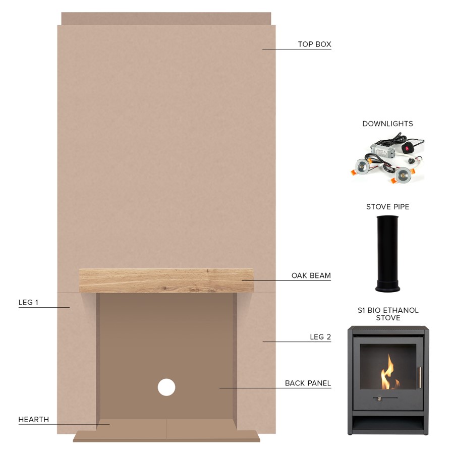 Prebuilt Media Wall with Bioethanol Log Burner-Style Fireplace - Acantha OKO S1