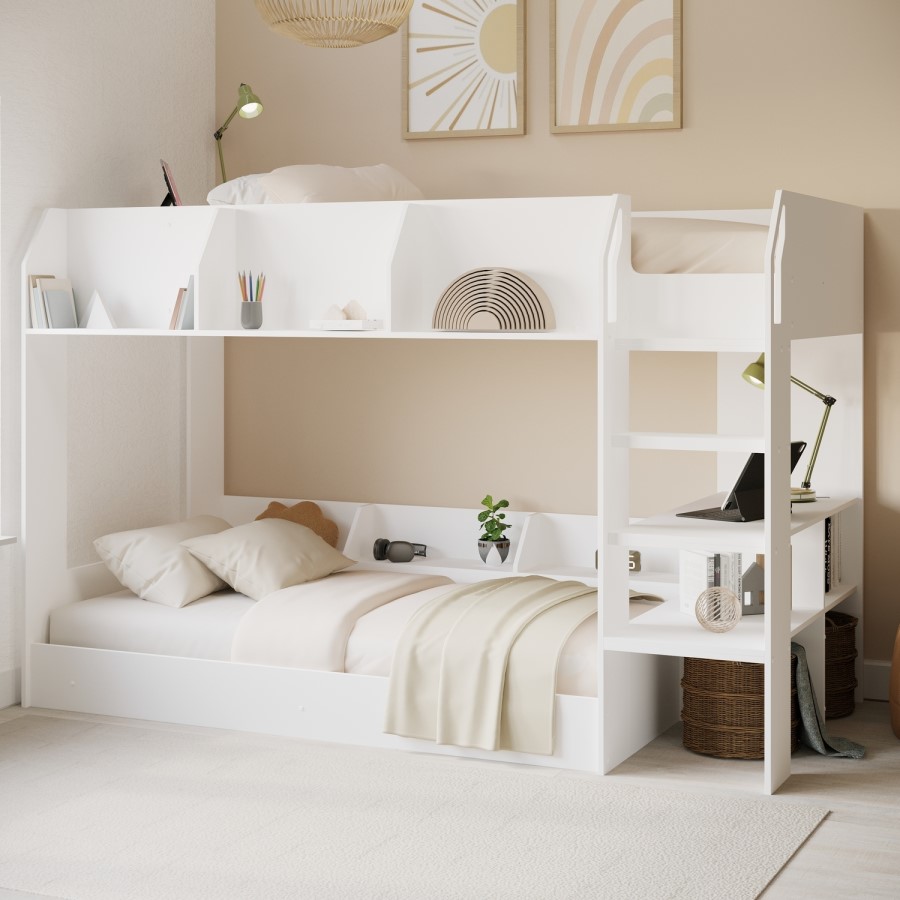 White Bunk Bed with Storage Shelves - Freddie