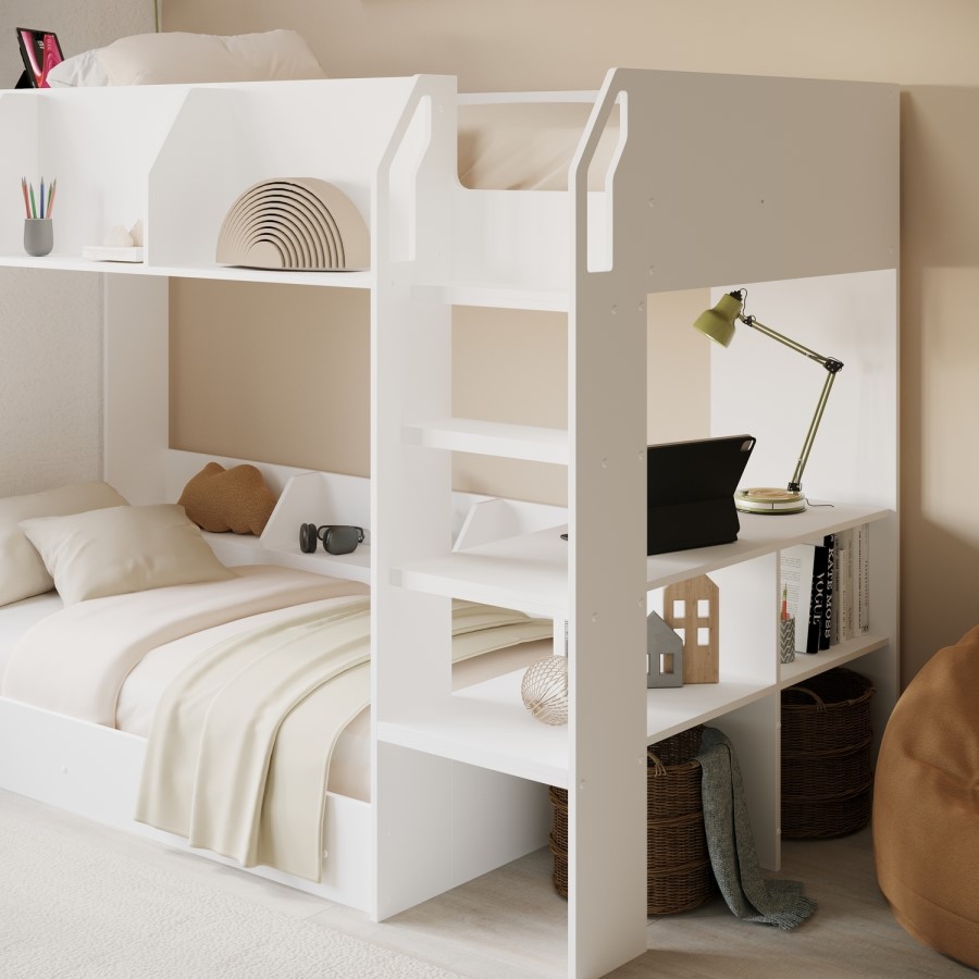 White Bunk Bed with Storage Shelves - Freddie
