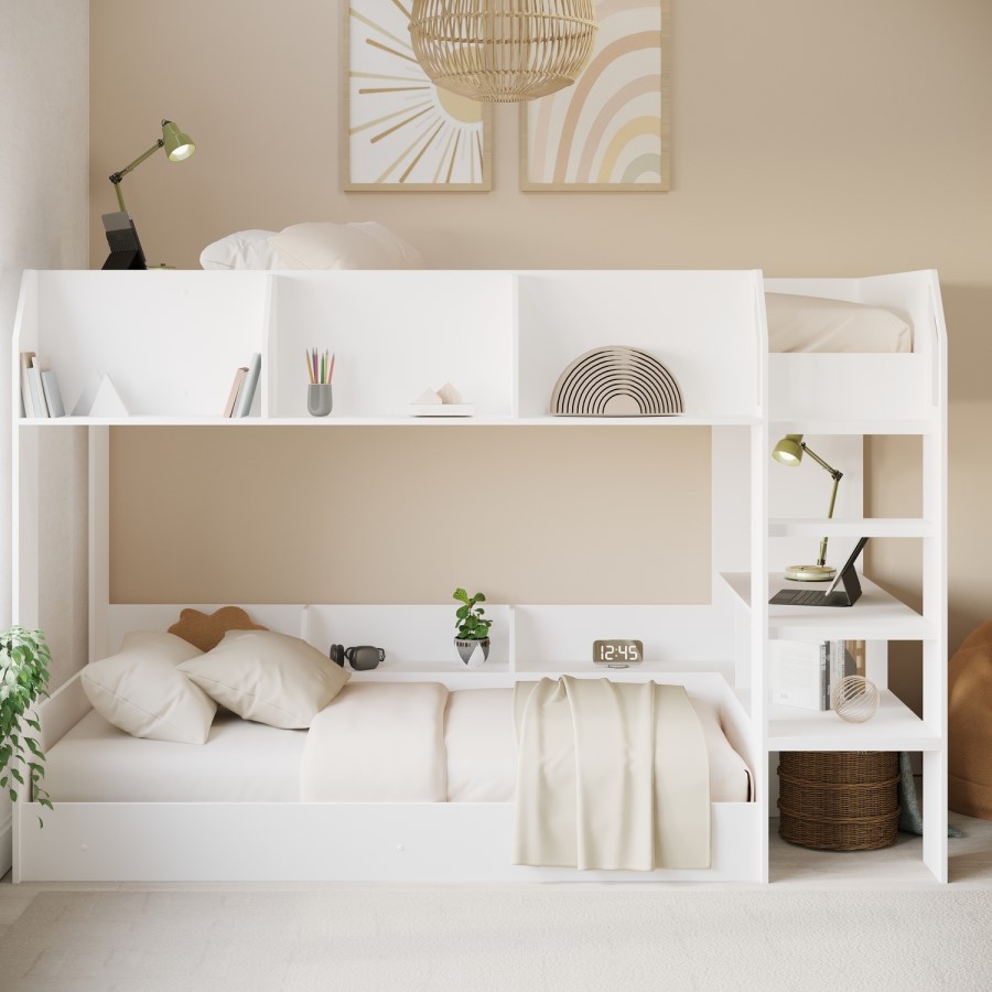 White Bunk Bed with Storage Shelves - Freddie