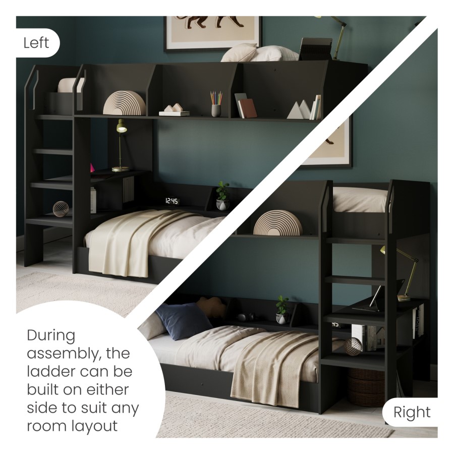 Black Bunk Bed with Storage Shelves - Freddie